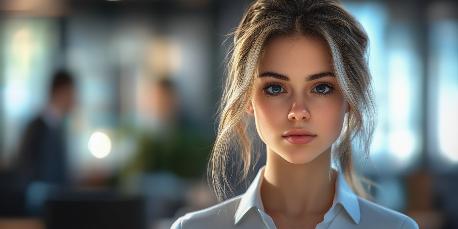 Young woman with expressive eyes at a modern office, conveying professionalism during a busy workday